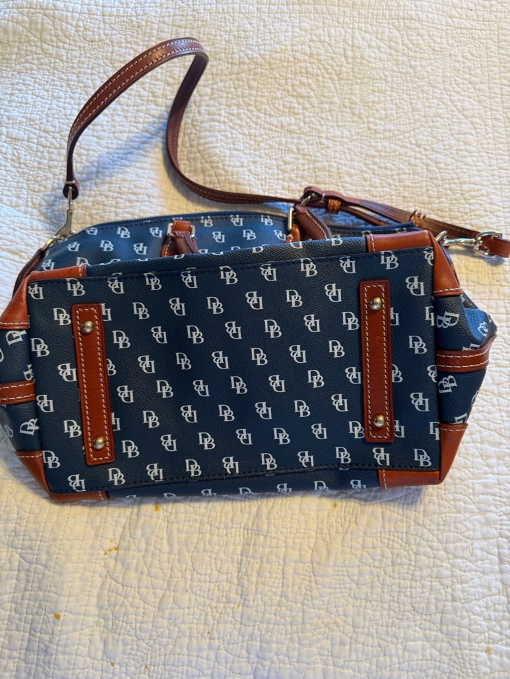 Dooney & Bourke Navy Blue Logo Satchel with Brown Leather Trim - Picture 2 of 4